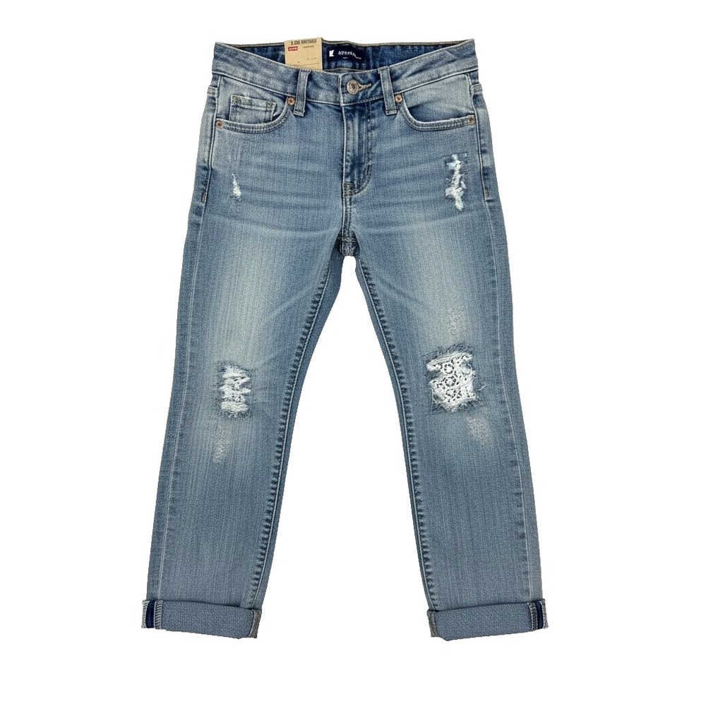 Levi's Girl's Distressed Cuffed Boyfriend Jeans With Lace-Insert Rips Size 6